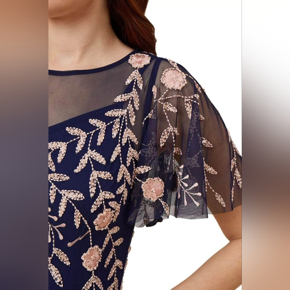 Adrianna Papell Navy & Blush Floral Sequin Embroidery Dress NWT - Picture 4 of 12